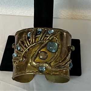 Vintage Made in India Brass Cuff Bracelet W/Faux Blue Gems